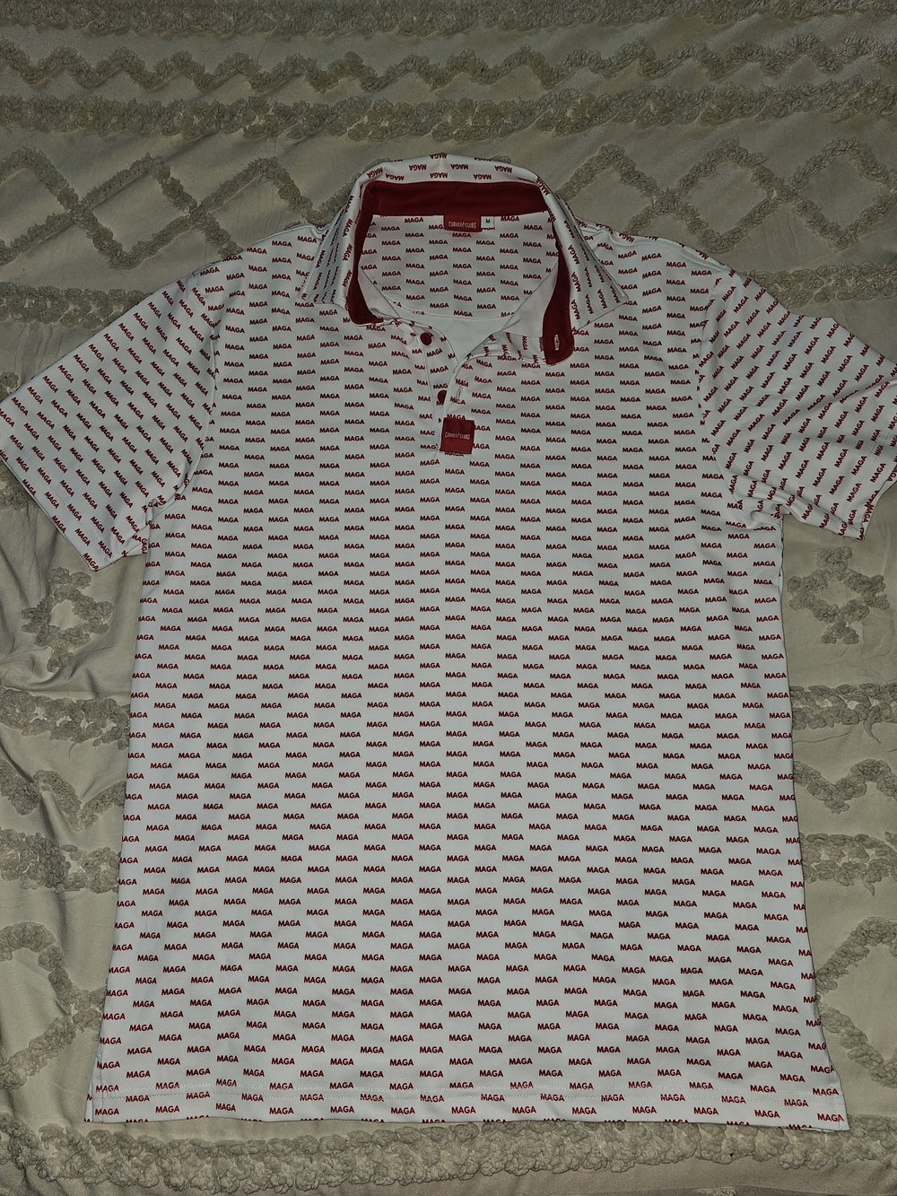 Curves Clubs Golfco. Mens Repeat-MAGA Short Sleeve Polo Golf Shirt - White/Red